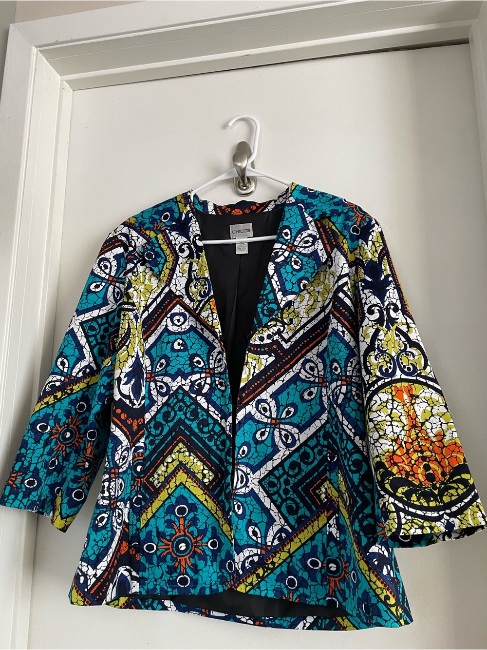 Chico's Teal & Navy Patterned Open-Front Jacket